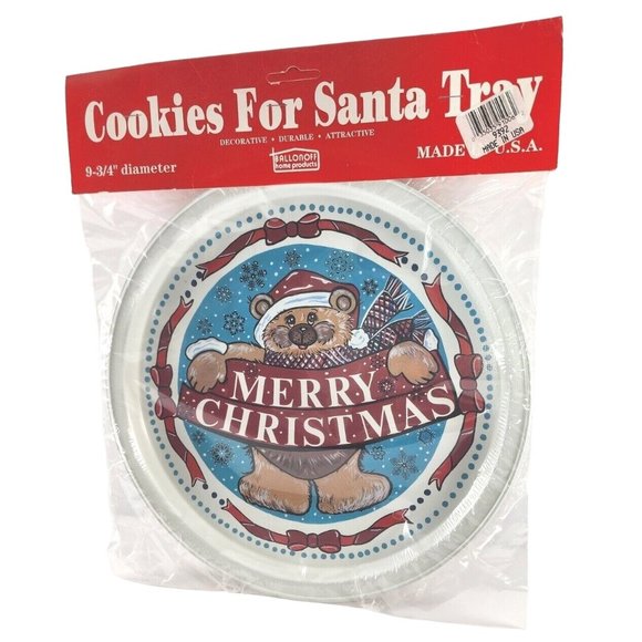 Vintage NOS Ballonoff Bear Merry Christmas Tin Tray Cookies For Santa USA Made - Picture 1 of 5